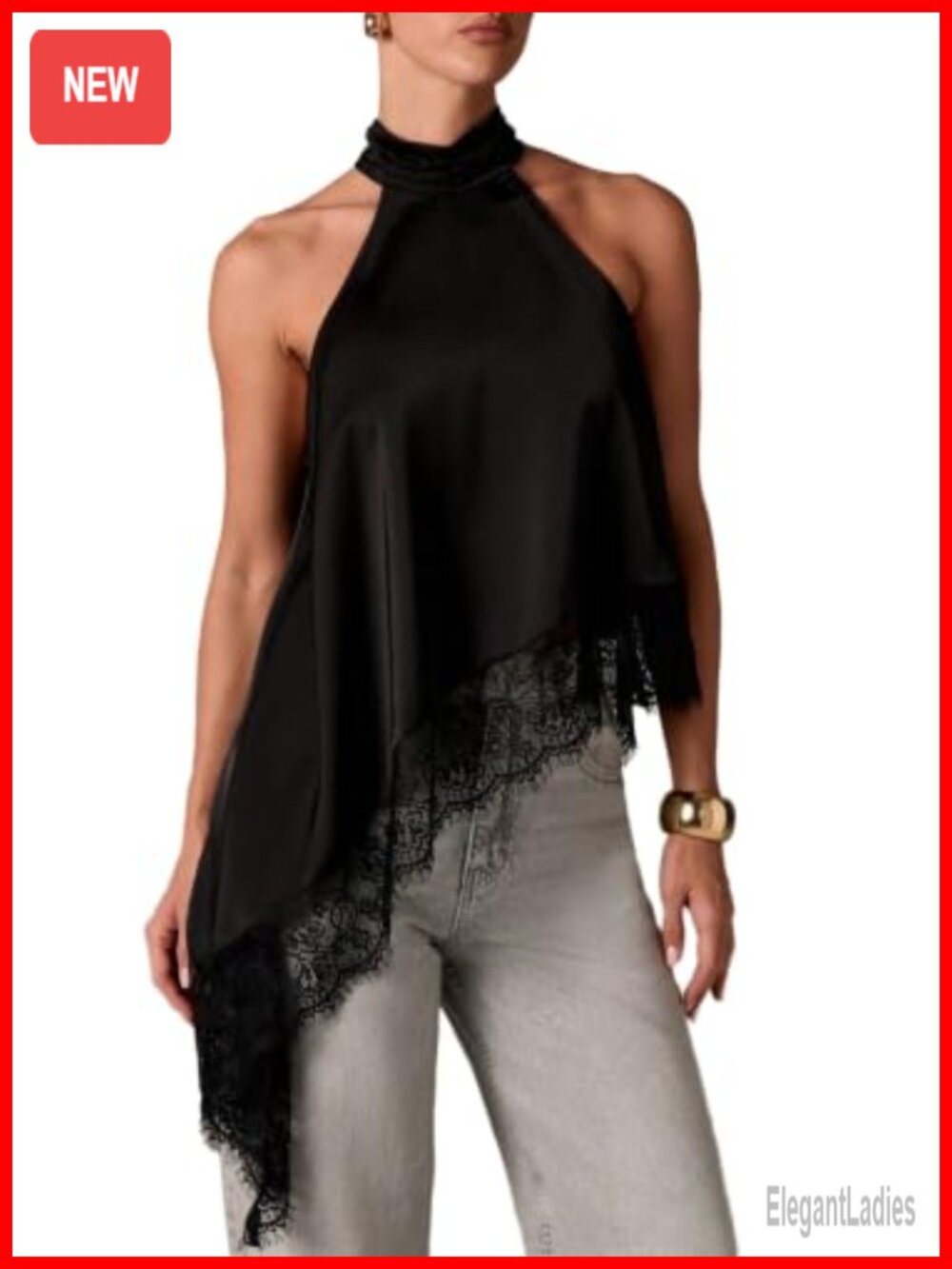 Halter Neck Satin Tank Top Lace Asymmetrical Hem Going Out Women